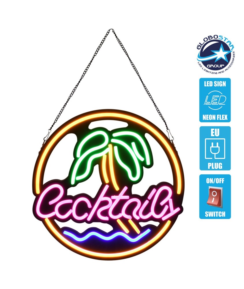 GloboStar® 85851 Φωτιστικό Ταμπέλα Φωτεινή Επιγραφή NEON LED Σήμανσης COCKTAILS 30W AC 230V με Διακόπτη On-Off Ροζ - Γαλάζιο - Κίτρινο - Πράσινο